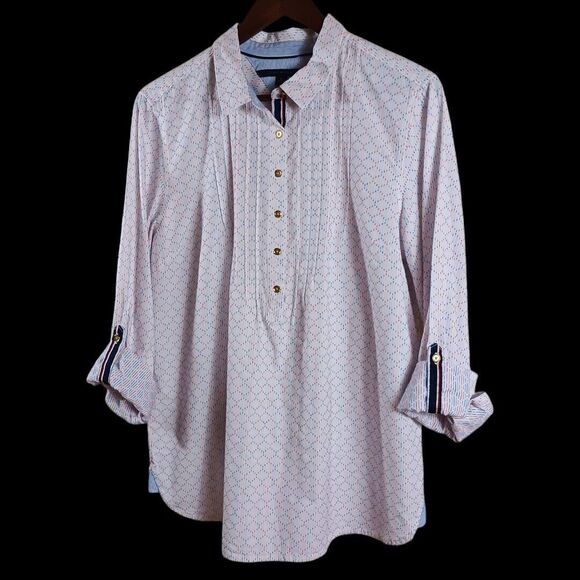 Tommy Hilfiger Pintuck 1/4 Button Roll Tab White Red Blue Tunic Top Size XL EUC - Picture 1 of 10